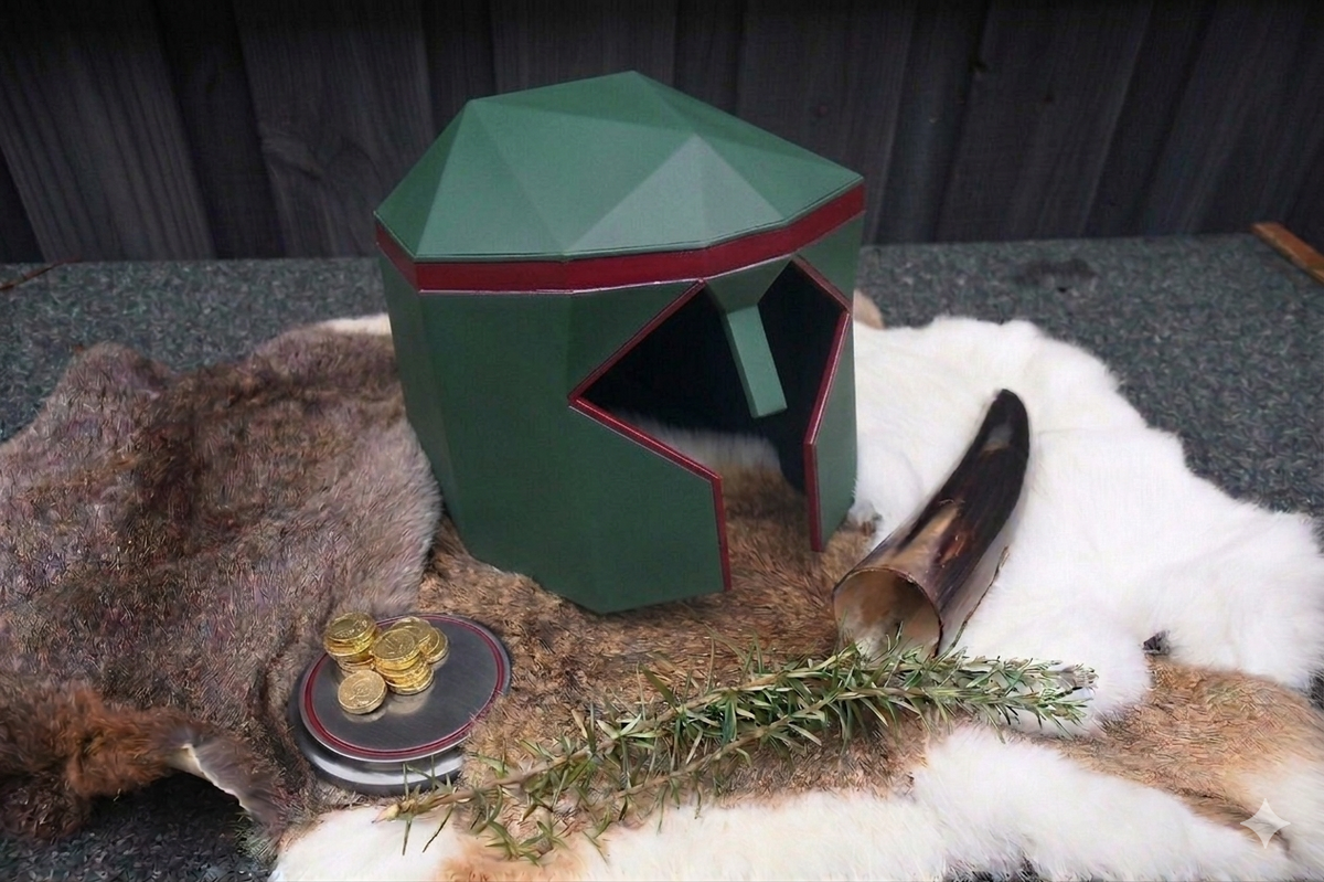 A green geometric medieval style helmet-shaped stool or small table with red trim, displayed on a rustic surface with animal fur, a horn, coins, and a sprig of rosemary against a dark wood background.