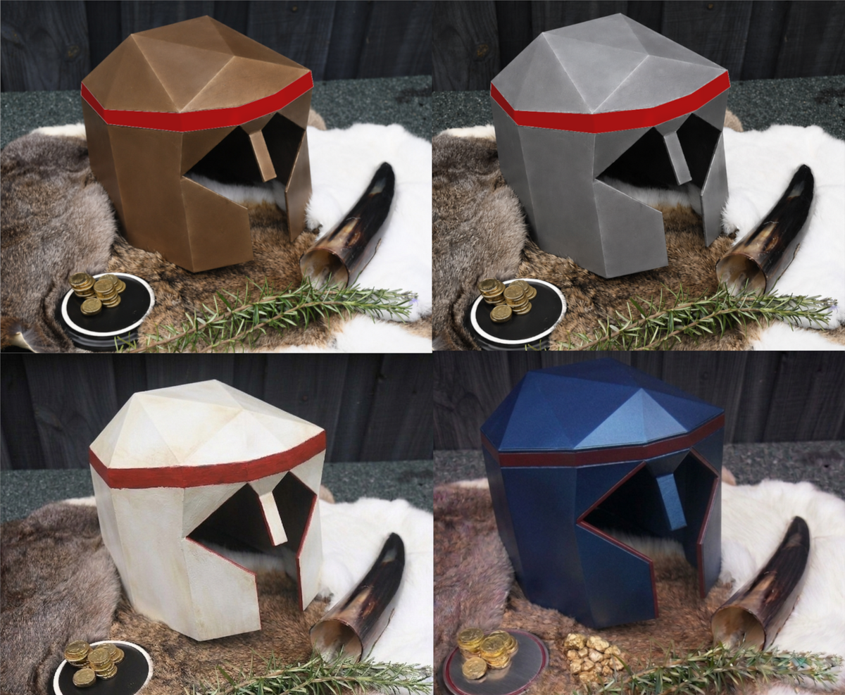 Collage of four geometric animal heads with red accents on a textured surface.