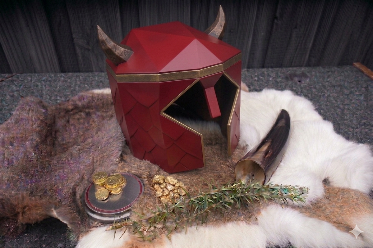 A red horned fantasy helmet displayed on a fur rug with decorative props including gold coins, a horn, and greenery, set against a dark wooden background.