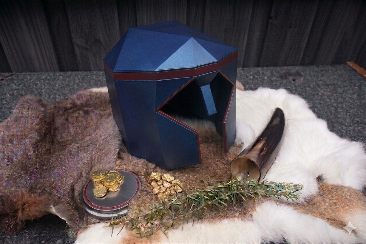 A blue geometric animal skull pet house styled with animal fur, a horn, coins, and rosemary on a dark textured surface.