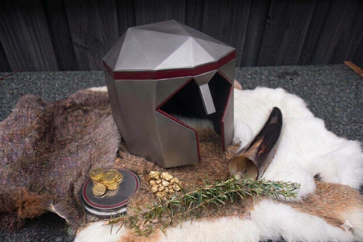 A metallic silver geometric helmet-shaped stool or side table with dark red trim, styled on a fur rug with a horn, coins, nuts, and rosemary against a dark wood background.