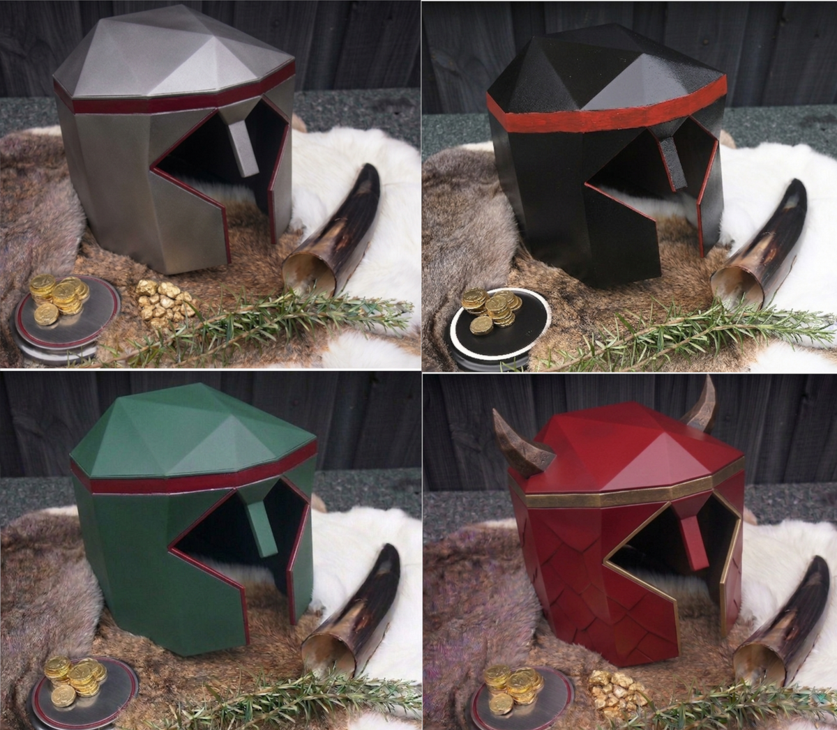 Collage of geometric helmet models in various colors on a textured surface with coins and branches.