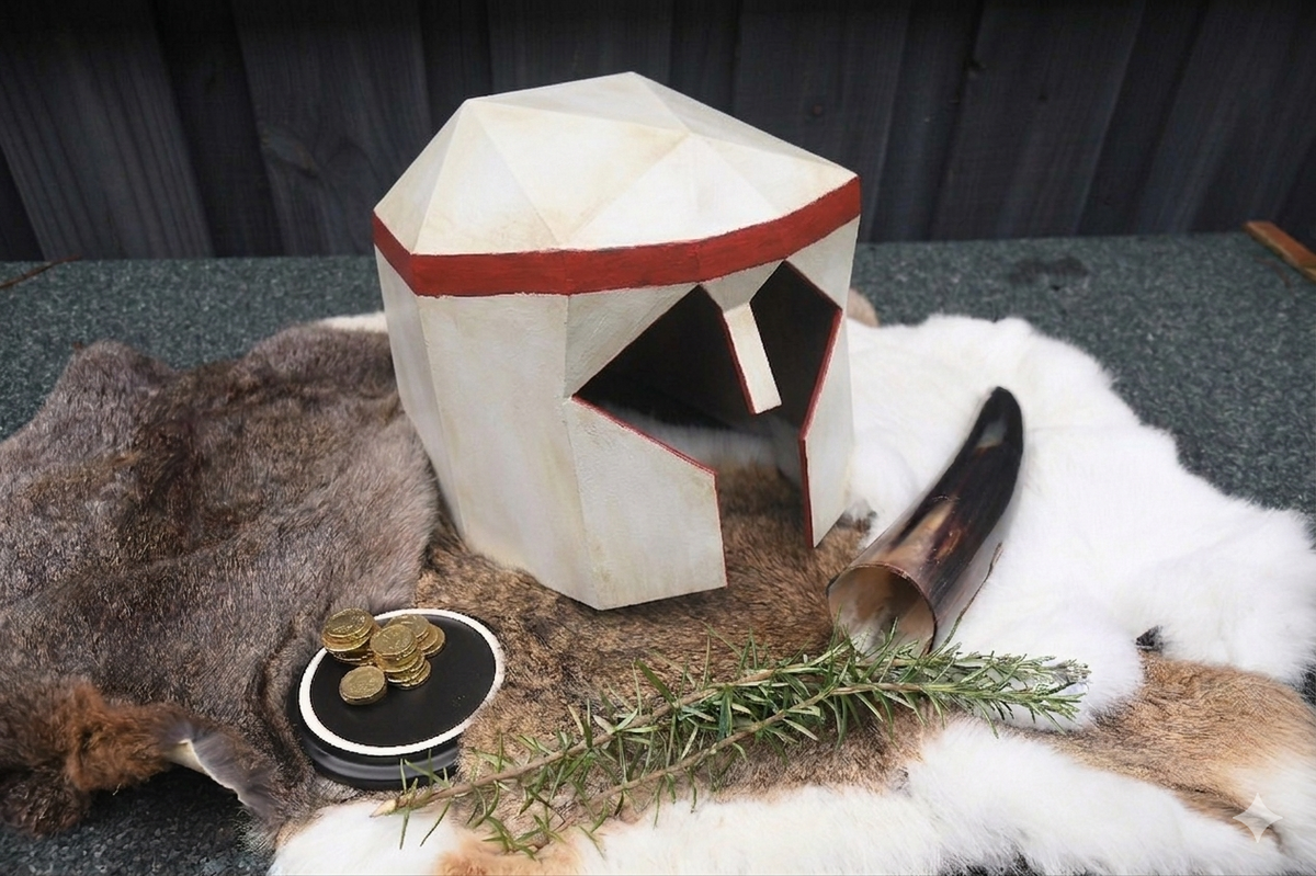 A handmade geometric Viking-style helmet made from layered white cardboard with red trim, displayed on a fur rug with a horn, coins, and rosemary sprig.