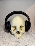 Black over-ear headphones displayed on a cream-colored skull model, set against a textured light gray background.
